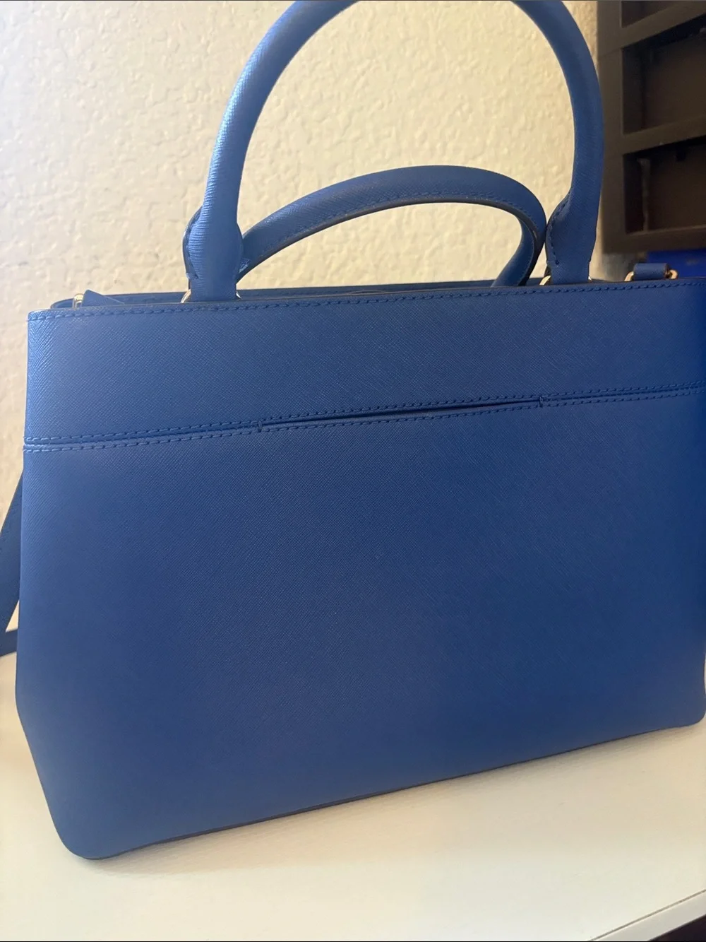 Michael Kors Blue Saffiano Top-Handle Satchel with Gold Hardware